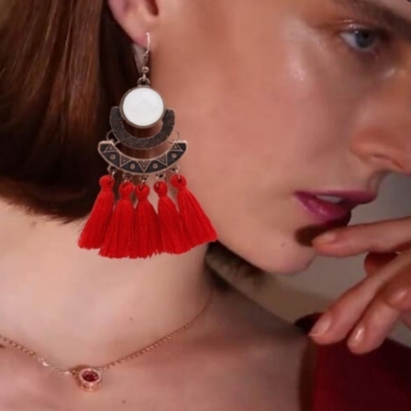 Moonstone Black Tassel 3.5" Fishhook Earring Boho Aztec Bold Lightweight - Picture 2 of 7